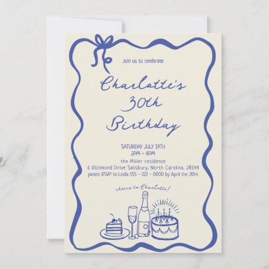 MODERNE BLEU main tiré 30e anniversaire Invitation (Devant)