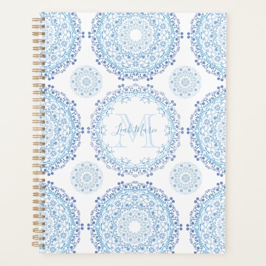 Moderne Bleu Mandala Monogramme Chic (Devant)