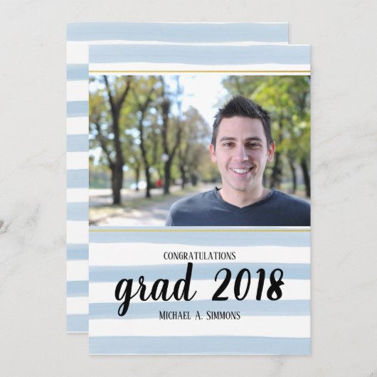 Moderne Bleu rayé GRAD Graduation Invitation (Devant / Derrière)