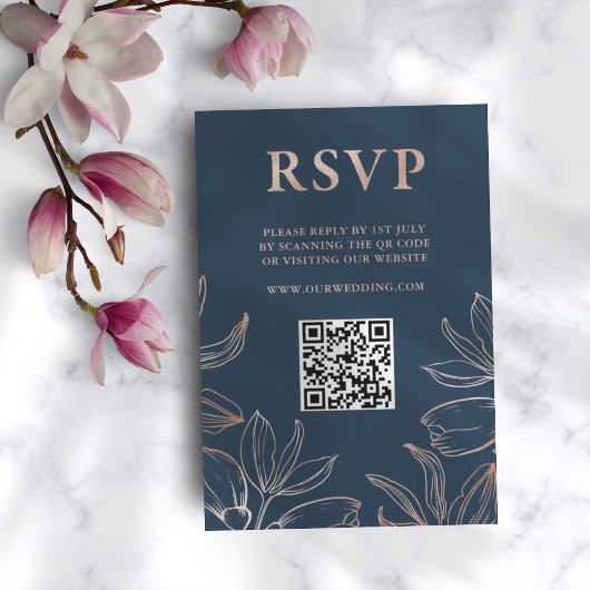 Moderne Bleu & Rose Gold Foliing RSVP QR Mariage
