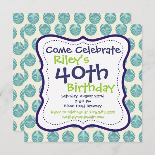 Moderne Bleu Vert 40e anniversaire Invitation de f (Devant / Derrière)