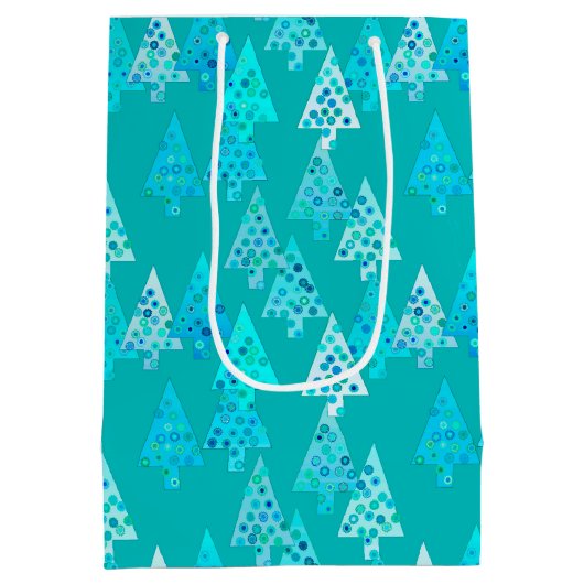 Moderne Bloem Kerstbomen, Turquoise en Aqua Medium Cadeauzakje (Achterkant)