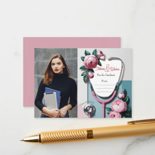 Moderne Bloem Roze Rozen Stethoscoop Afstuderen Informatiekaartje