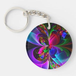Moderne Bloemen Abstracte Kunst Rood Blauw Patroon Sleutelhanger