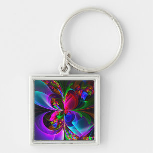 Moderne Bloemen Abstracte Kunst Rood Blauw Patroon Sleutelhanger