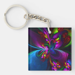 Moderne Bloemen Abstracte Kunst Rood Blauw Patroon Sleutelhanger