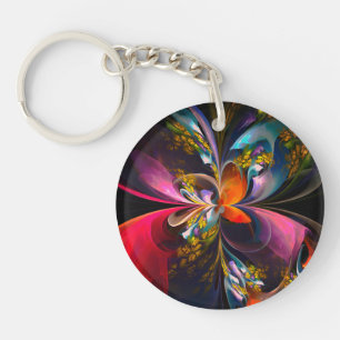 Moderne Bloemen Abstracte Kunst Rood Blauw Patroon Sleutelhanger