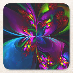 Moderne Bloemen Abstracte Kunst Rood Blauw Patroon Vierkante Kartonnen Onderzetter