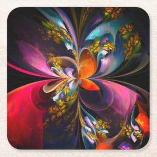 Moderne Bloemen Abstracte Kunst Rood Blauw Patroon Vierkante Kartonnen Onderzetter