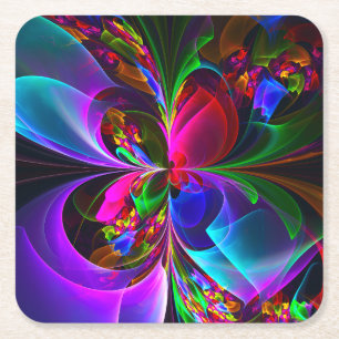 Moderne Bloemen Abstracte Kunst Rood Blauw Patroon Vierkante Kartonnen Onderzetter