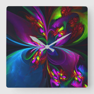Moderne Bloemen Abstracte Kunst Rood Blauw Patroon Vierkante Klok