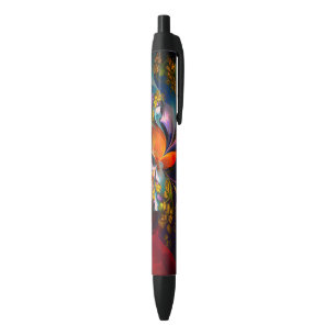 Moderne Bloemen Abstracte Kunst Rood Blauw Patroon Zwarte Inkt Pen