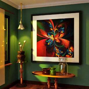 Moderne Bloemen Abstracte Kunst Sinaasappel Blauw  Poster