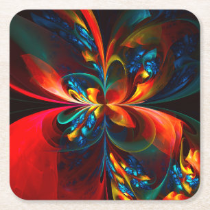 Moderne Bloemen Abstracte Kunst Sinaasappel Blauw Vierkante Kartonnen Onderzetter