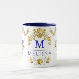 Moderne bloemen blauw & gouden vlinders monogram mok