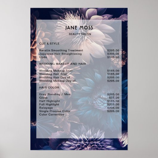Moderne Bloemen Boho Salon Prijslijst Poster (Voorkant)