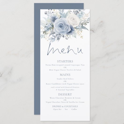 Moderne Bloemen Dusty Blue Text Wedding Menu (Voorkant / Achterkant)