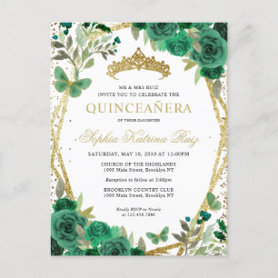 Moderne Bloemen Emerald Groen Goud Tiara Quinceañe Briefkaart