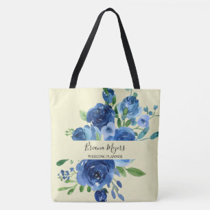 Moderne Bloemen Marine Blauw Geel Bedrijf Draagtas