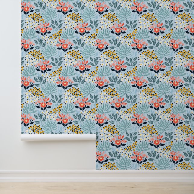 Moderne bloemen op blauw behang (Applicatie)
