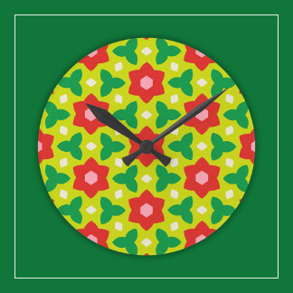 Moderne Bloemen op Groene en Rode Geometrische Blo Ronde Klok