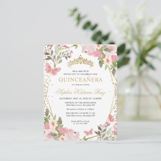 Moderne Bloemen Roze Goud Tiara Quinceañera Briefkaart (Staand voorkant)