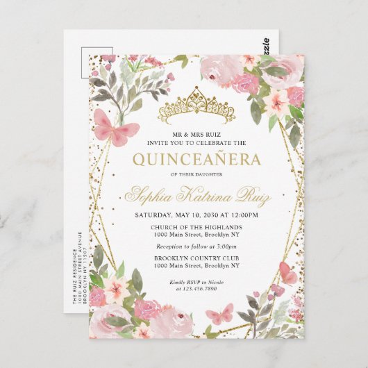 Moderne Bloemen Roze Goud Tiara Quinceañera Briefkaart (Voorkant / Achterkant)