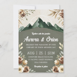 Moderne Bloemen waterverf Mountain Wedding Kaart