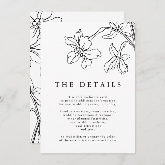 Moderne Bloemen Zwart-wit Bruiloft Details Informatiekaartje (Voorkant / Achterkant)