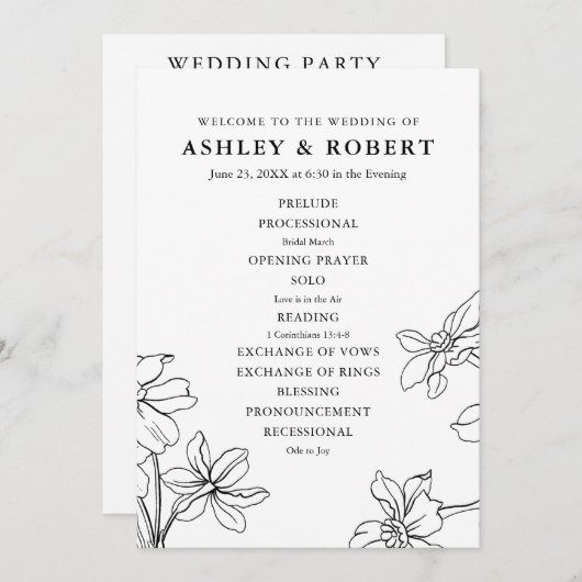Moderne Bloemen Zwart-wit Bruiloft Programma (Voorkant / Achterkant)