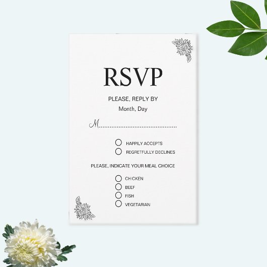 Moderne Bloemen Zwart & Wit Bruiloft RSVP Kaart