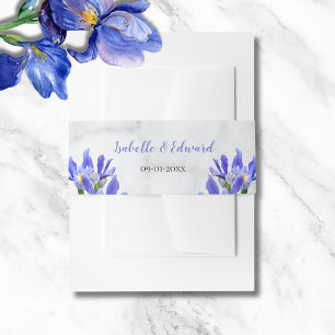 Moderne Bloemenboeket Huwelijk Blauwe Iris Marmer Uitnodigingen Wikkel