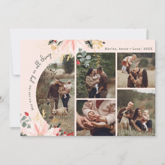 Moderne bloemenboog vreugde in alle dingen vijf fo feestdagenkaart (Voorkant)