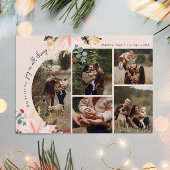 Moderne bloemenboog vreugde in alle dingen vijf fo feestdagenkaart