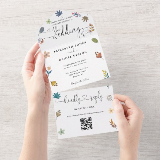 Moderne bloemencode QR-hartjes Script bruiloft All In One Uitnodiging (Afscheurbaar)