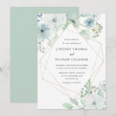 Moderne Bloemengroen Goud Geometrische Bruiloft Kaart (Voorkant / Achterkant)