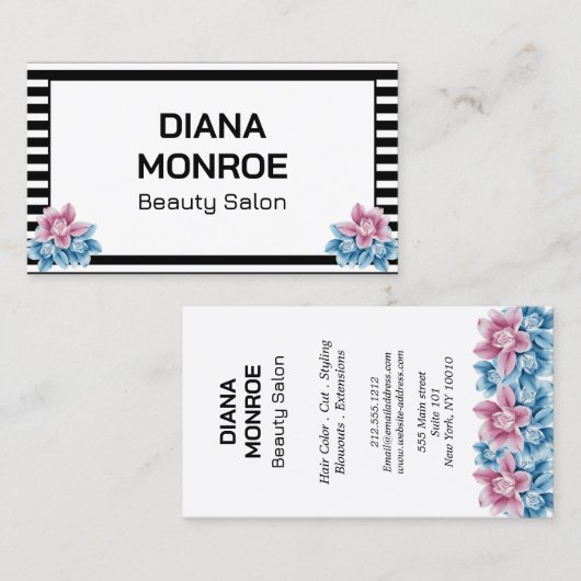 Moderne Bloemenkrans Gestreepte elegante salon Visitekaartje (Voorkant / Achterkant)