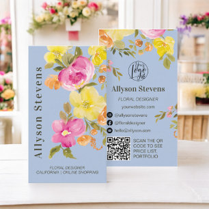 Moderne bloemenslate waterverf blauw logo qr code visitekaartje