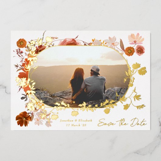 Moderne bloemframe foto QR-code save the date Folie Uitnodiging (Voorkant)