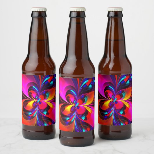 Moderne bloemige Abstracte kunst rood blauw patroo Bier Etiket (Flessen)