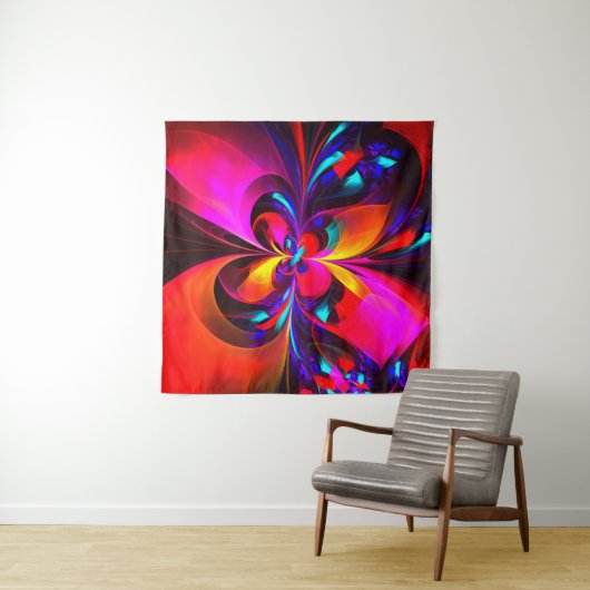 Moderne bloemige Abstracte kunst rood blauw patroo Wandkleed (In situ)