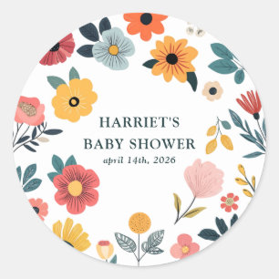 Moderne bloemige babyshower ronde sticker