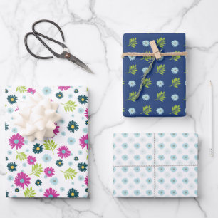 Moderne Bloemige Blauwe Madeliefjes & Roze Botanis Inpakpapier Vel