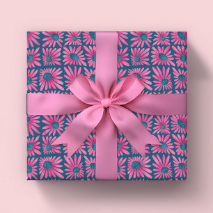 Moderne bloemige blokdruk roze madeliefje cadeaupapier