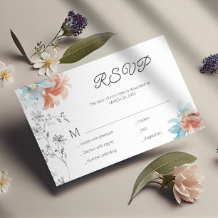 Moderne bloemige elegante bruiloft mini RSVP-kaart Notitiekaartje