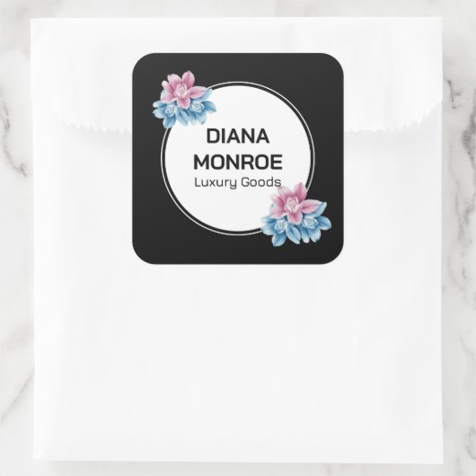 Moderne bloemige elegante zwarte  vierkante sticker (Tas)