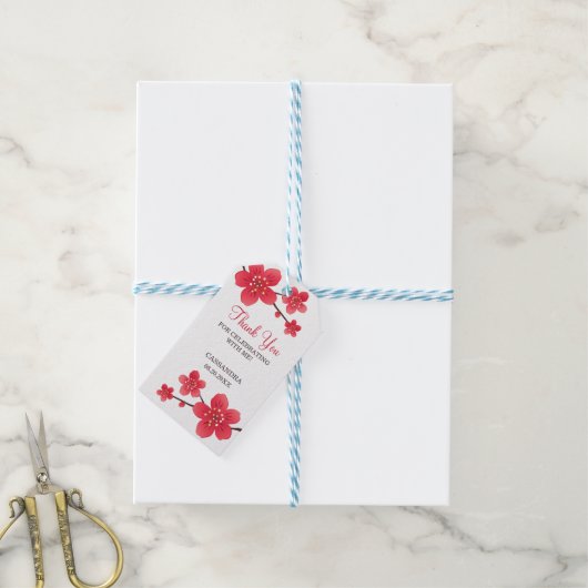 Moderne bloemige rode kersenbloesem Sakura dank u Cadeaulabel (Met Touw)