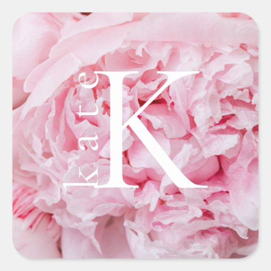 Moderne bloemige roze pioenroos vierkante labels (Voorkant)