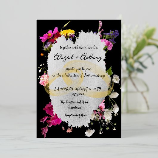 Moderne bloemige stijlvolle rand folie uitnodiging (Staand Voorkant)