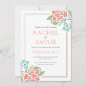 Moderne bloemrijke koraal en turquoise bruiloft kaart (Voorkant)
